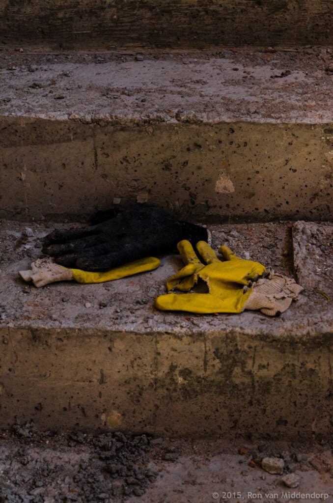 photo: yellow working gloves on stairs